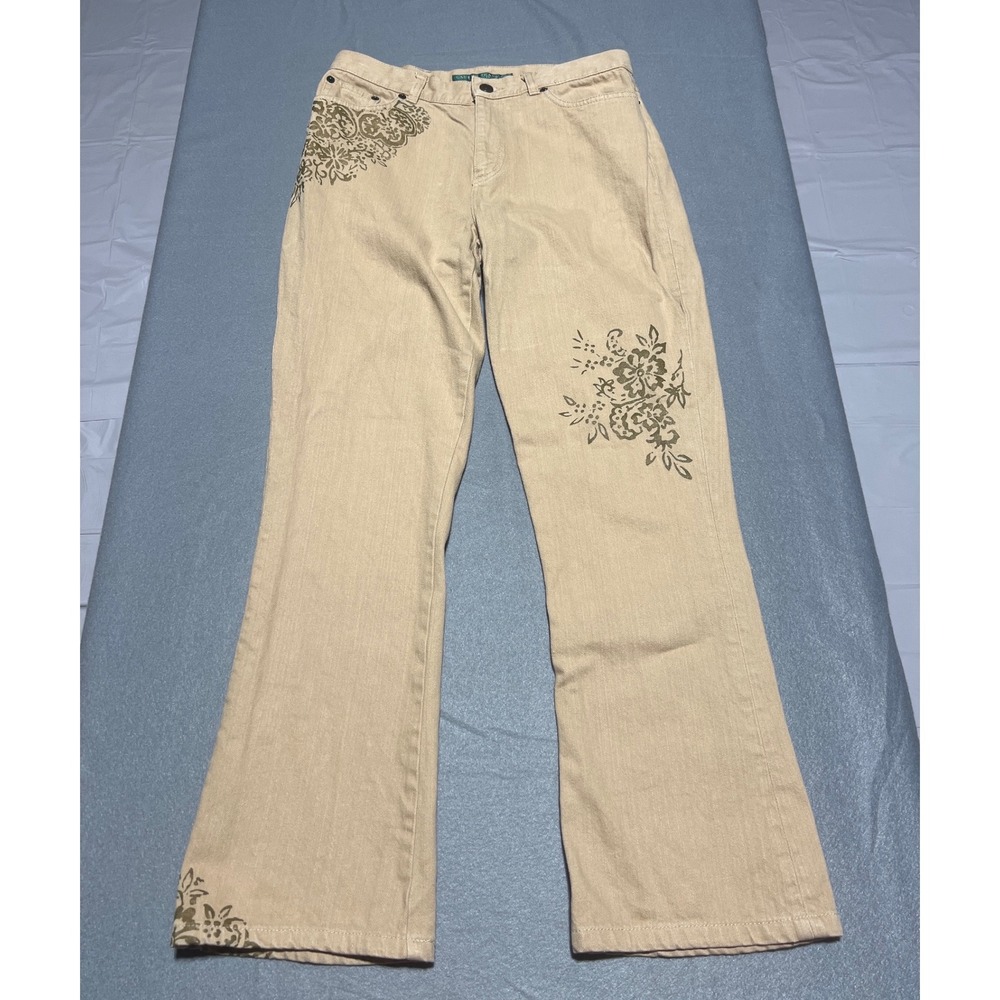 Lauren Jeans Co Ralph Lauren Tan Floral Print Cotton Pants Size 4 Mid Rise